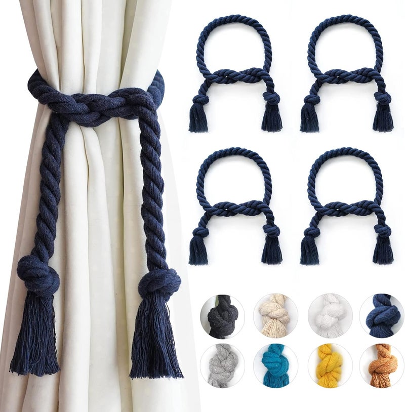 Yteseery 4 Pack Navy Blue Outdoor Curtain Tiebacks Rope, Natural Cotton Curtain Holders, Village Rural Rustic Curtain Holdbacks, Farmhouse Nautical Curtain Rope Tie Back for Drapery Patio - Image 1